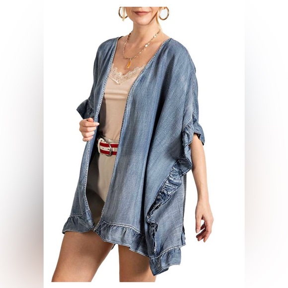 easel Jackets & Coats Nwt Easel Ruffled Denim Kimono Size 2x